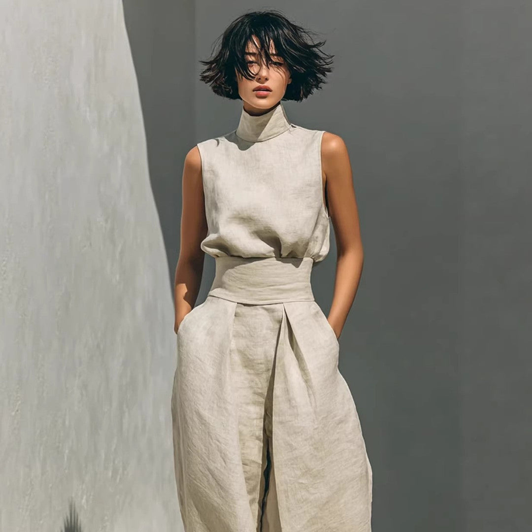 Women’s Cotton Linen Two-Piece Set – Sleeveless Top &amp; Wide-Leg Pants