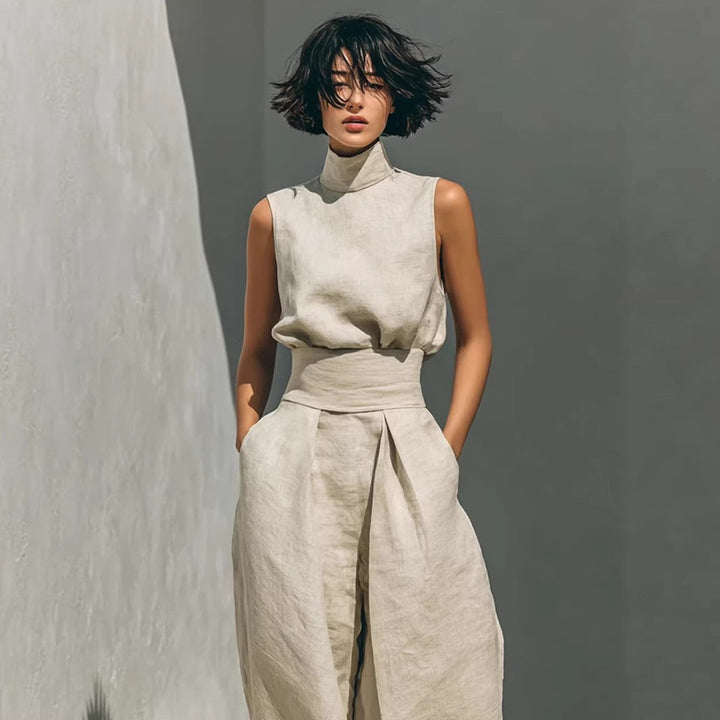 Women’s Cotton Linen Two-Piece Set – Sleeveless Top &amp; Wide-Leg Pants