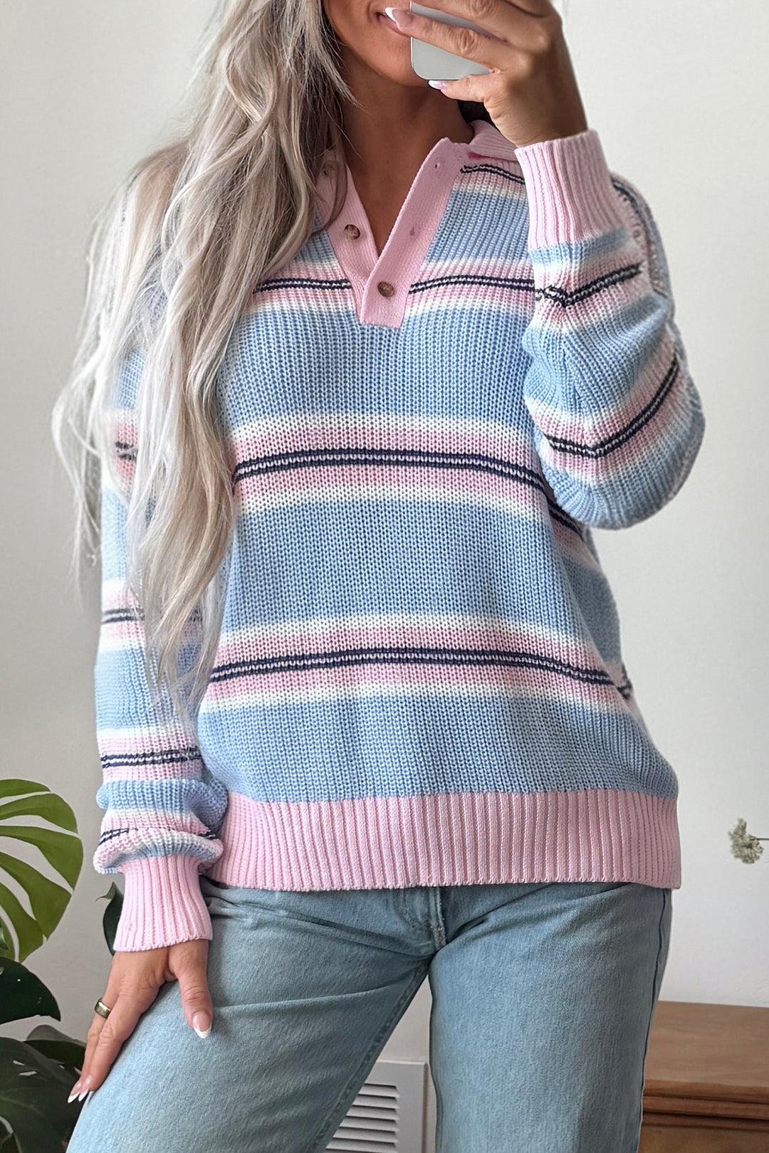 Sky Blue Stripe Striped Button Collar Long Sleeve Shift Fit Winter Knitwear Sweater