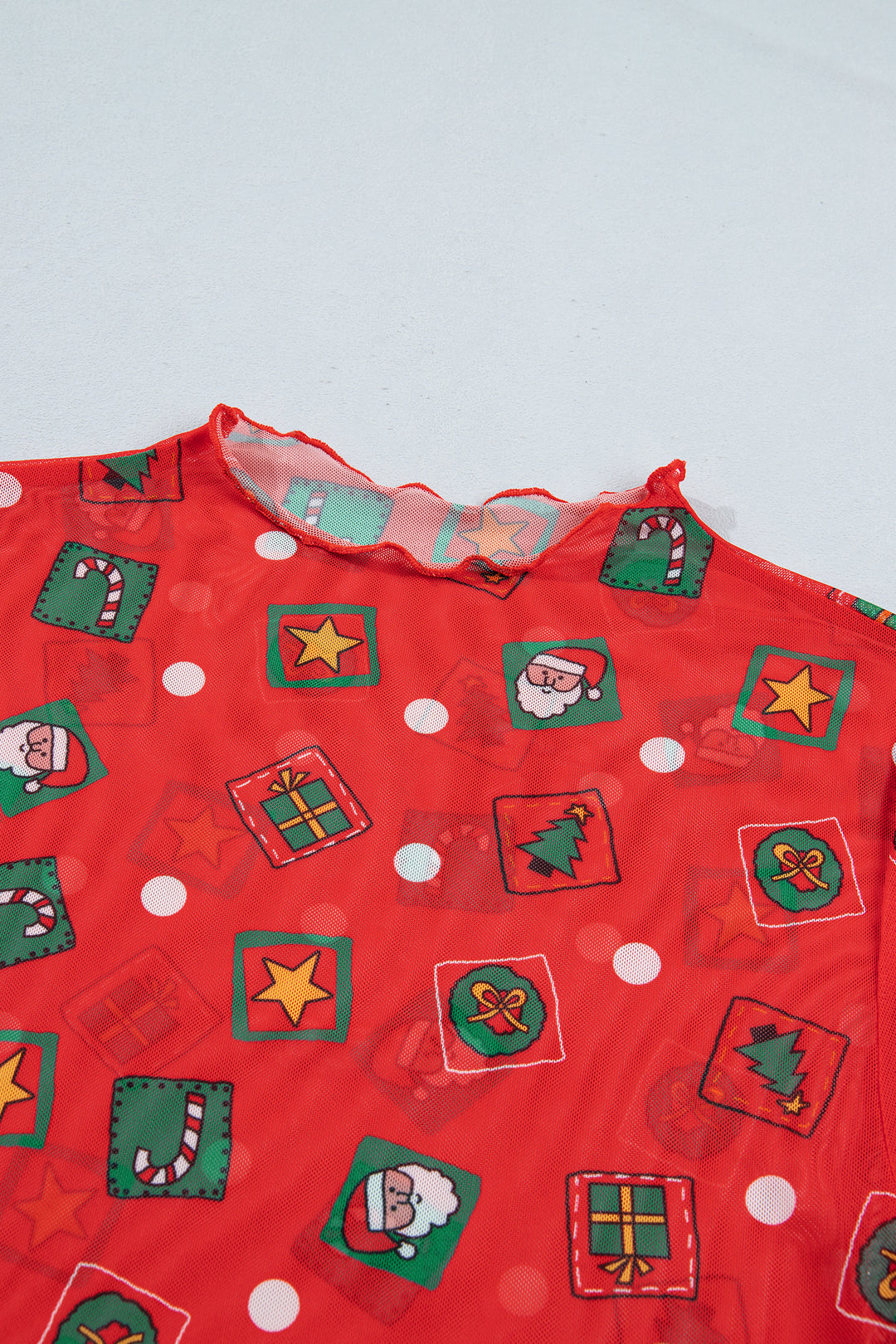 Fiery Red Christmas Elements Printed Long Sleeve Sheer Mesh Top