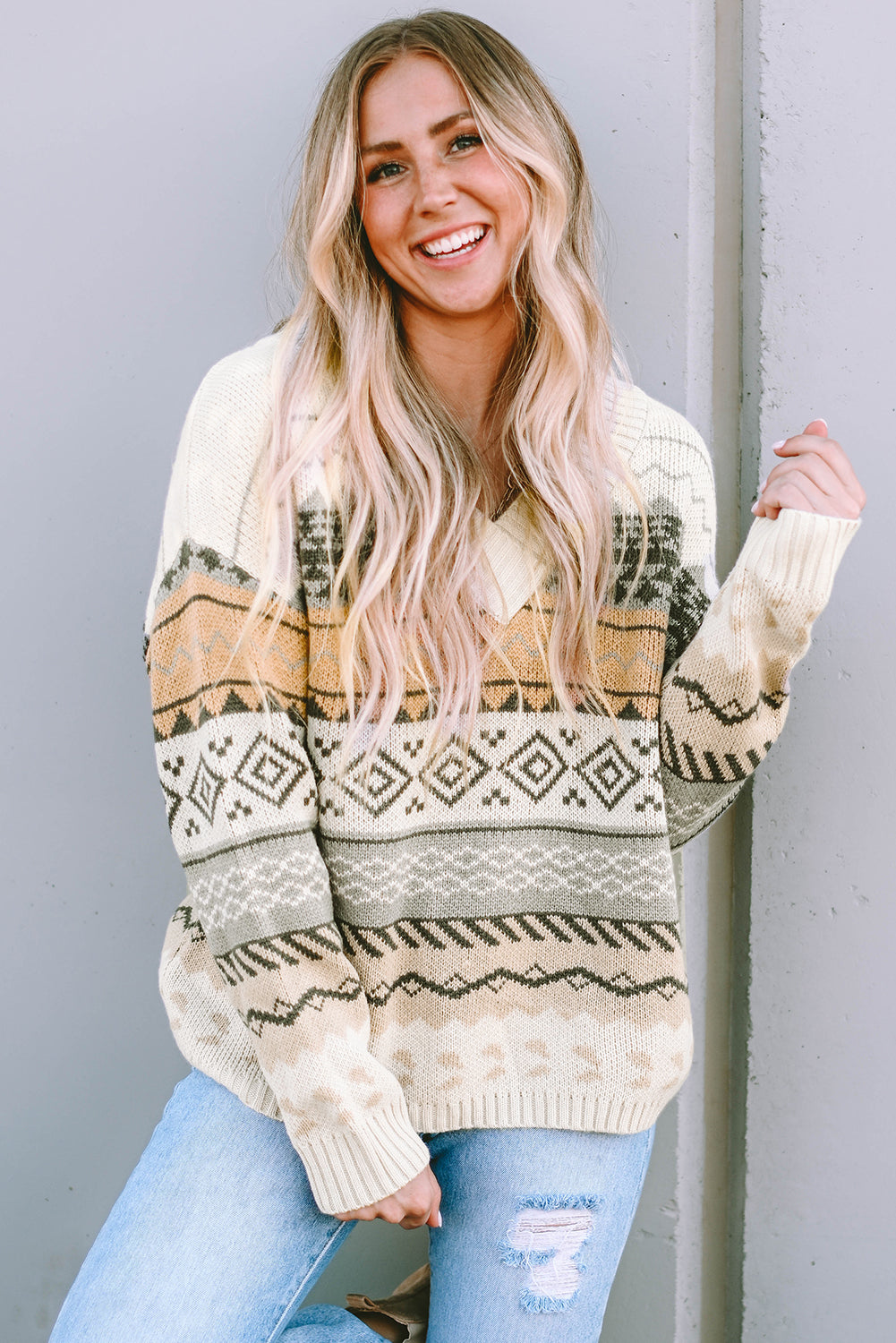 Khaki Geometric Print Ribbed Knitted V Neck Sweater