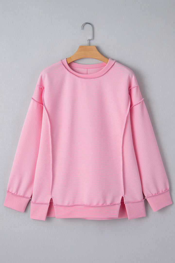 Pink Horizontal Ribbed Exposed Seam Detail Drop Shoulder Baggy Pullover