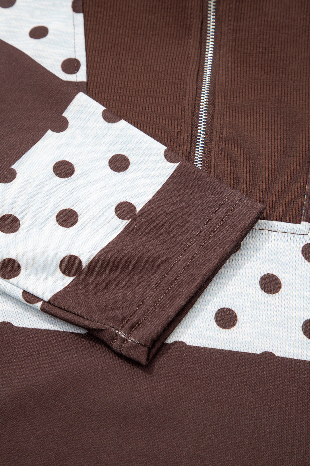 Brown Stripe Patchwork Polka Dot Accent Quarter Zip Long Sleeve Top