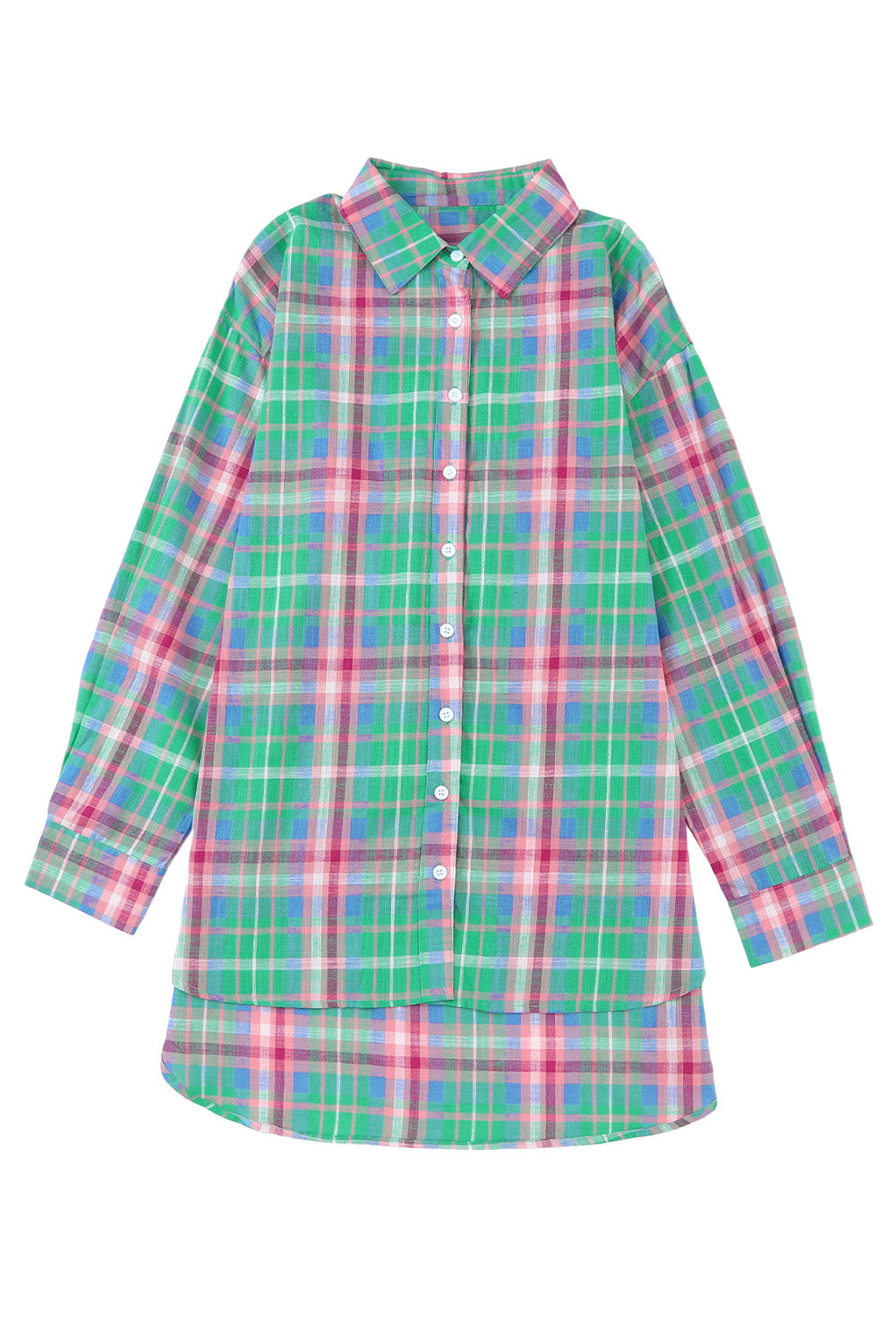 Green Plaid Long Sleeve Button Down Split Shirt