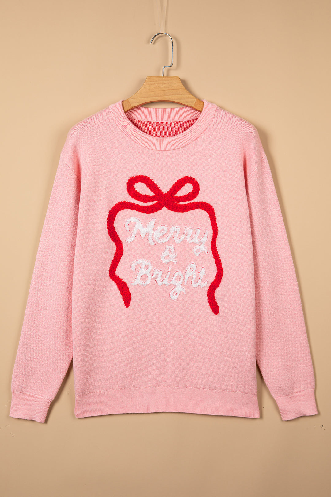 Gossamer Pink Drop Shoulder Round Neck Towel Embroidery Slogan Pullover Sweater
