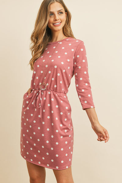 Polka Dot Print French Terry Cinch Waist Tie Front Dress With Pockets