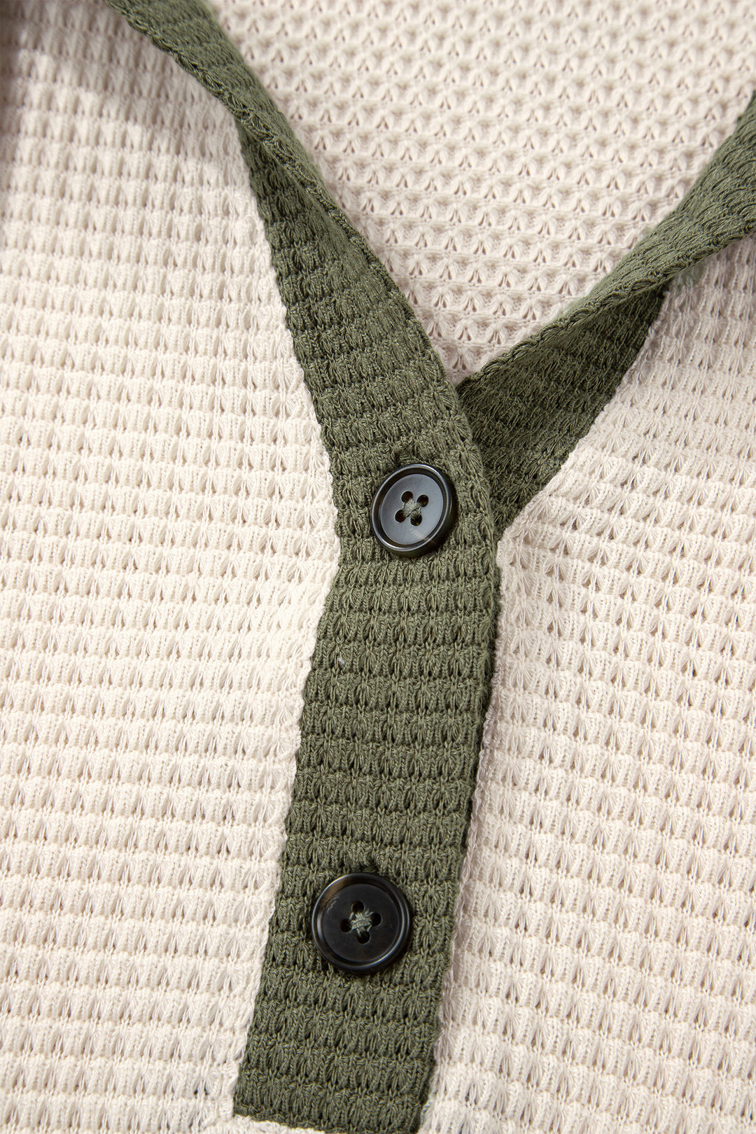 White Waffle Contrast Half Buttoned Hooded Pullover Top