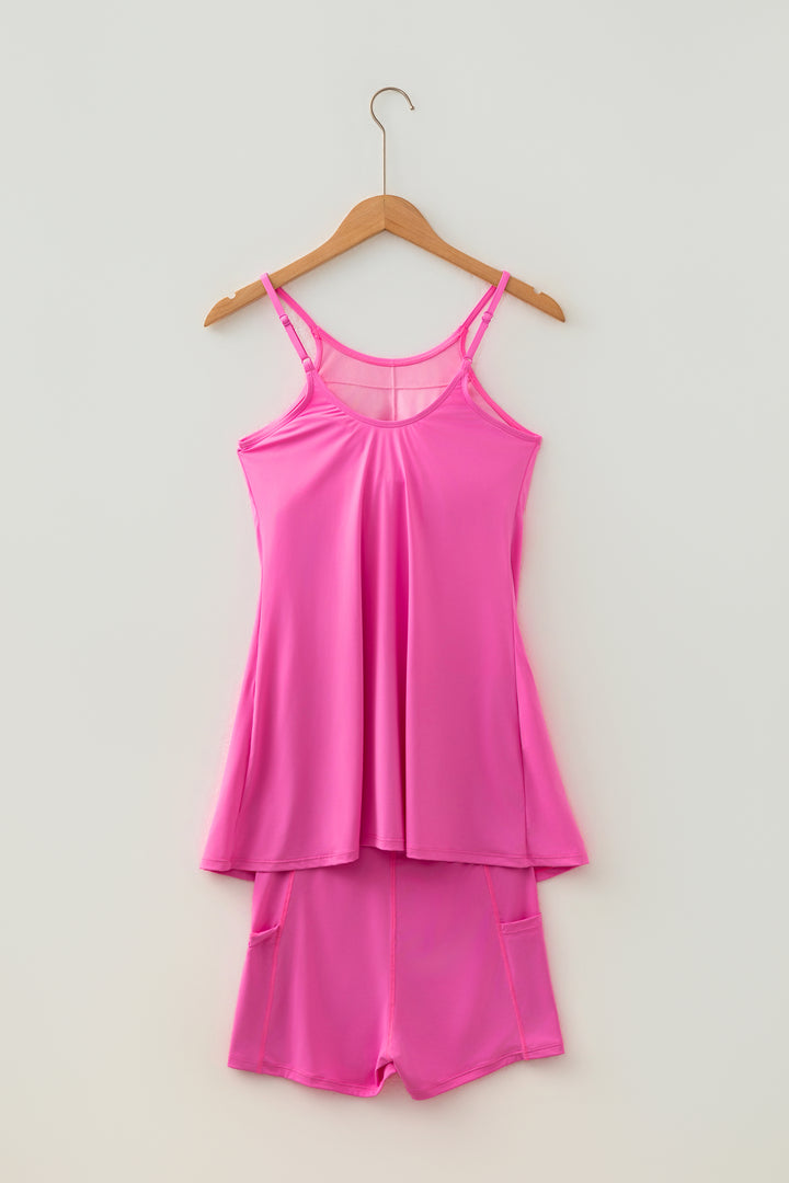 Bright Pink Solid Color Tunic Tank Dress Athletic Shorts Two Piece Set