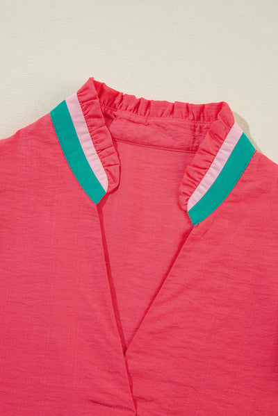 Carrot Colorful Trim V Neck Short Sleeve Blouse