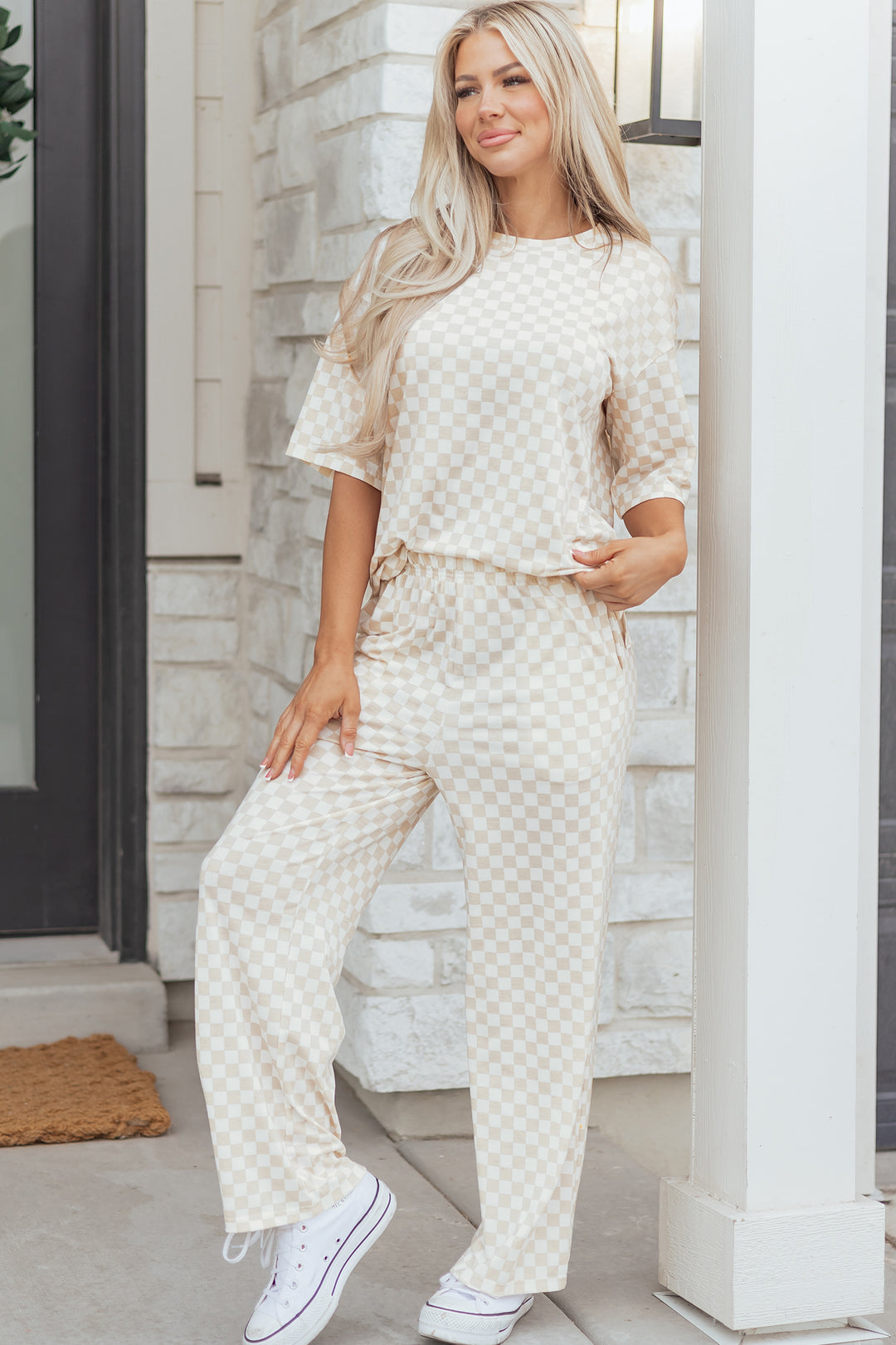 Khaki Checkered Print Half Sleeve Tee 2pcs Lounge Pant Set