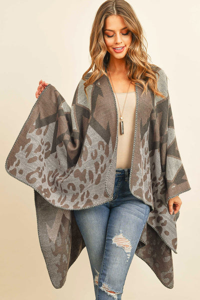 Hdf3142-Chevron Leopard Open Front Kimono