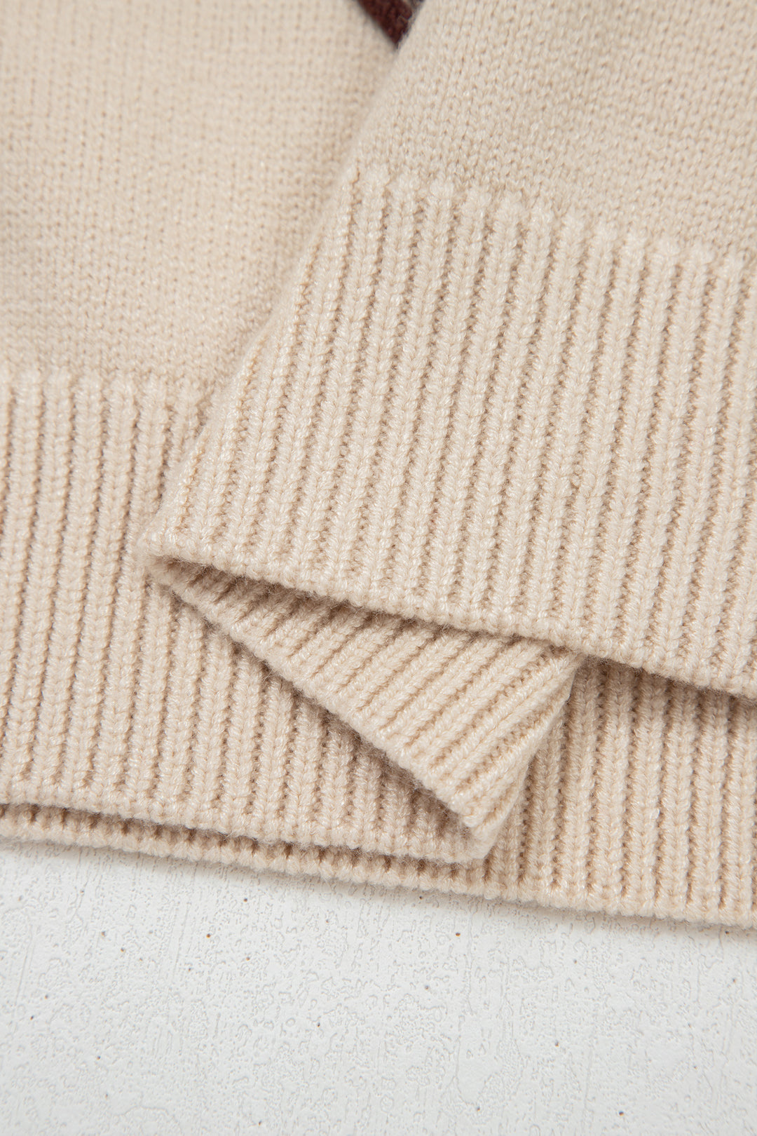 Parchment Corded Horseshoes Ribbed Trim Mock Neck Short Sleeve Sweater