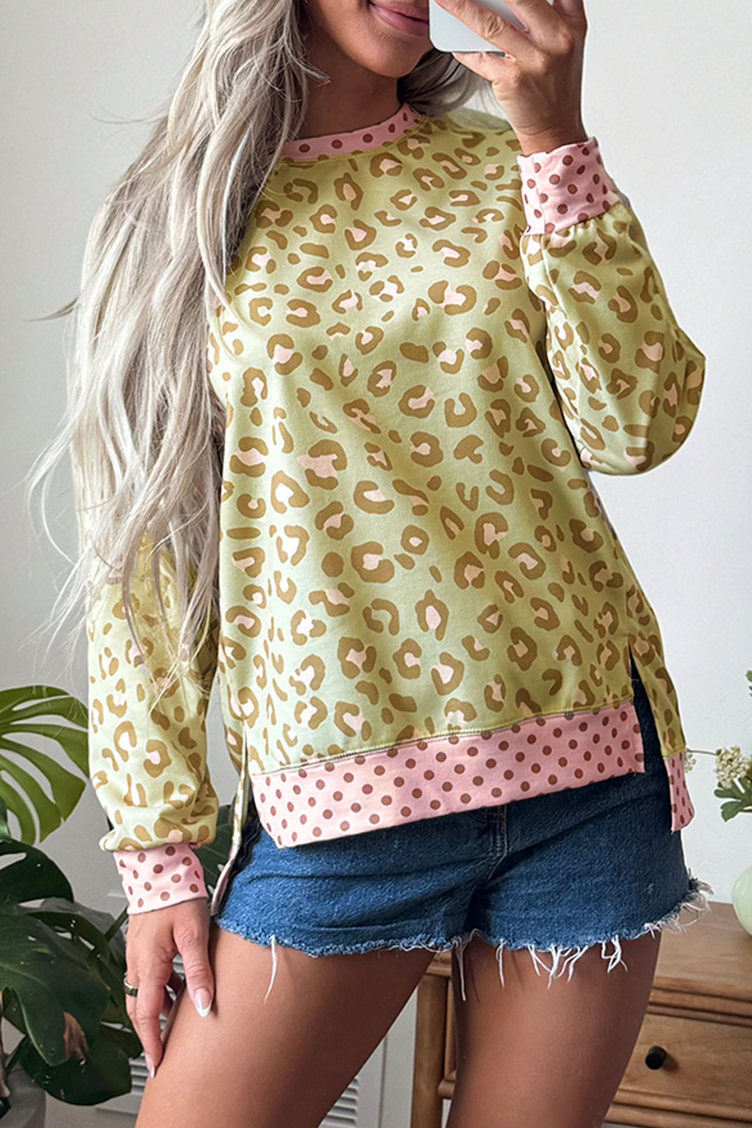 Khaki Leopard Polka Dot Colorblock Trim Long Sleeve Top