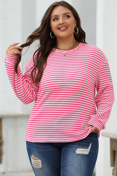 Rose Stripe Round Neck Drop Shoulder Long Sleeve Top