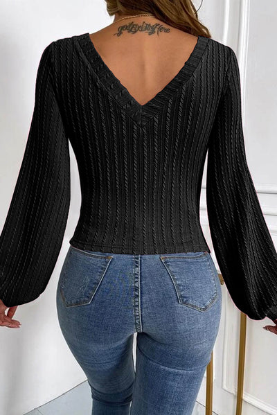 Black Knitted Jacquard V Neck Lantern Sleeve Top