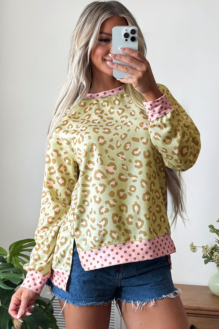 Khaki Leopard Polka Dot Colorblock Trim Long Sleeve Top
