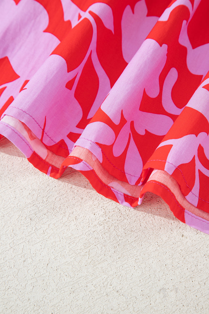 Red Floral Print Split V Neck Cuffed Bracelet Sleeve Blouse