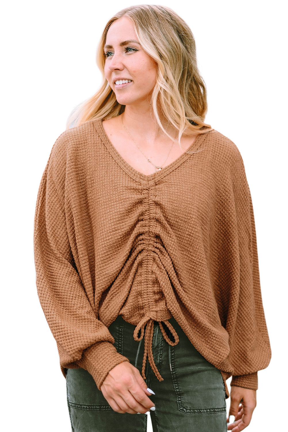 Brown V-Neck Drawstring Dolman Sleeve Waffle Knit Top