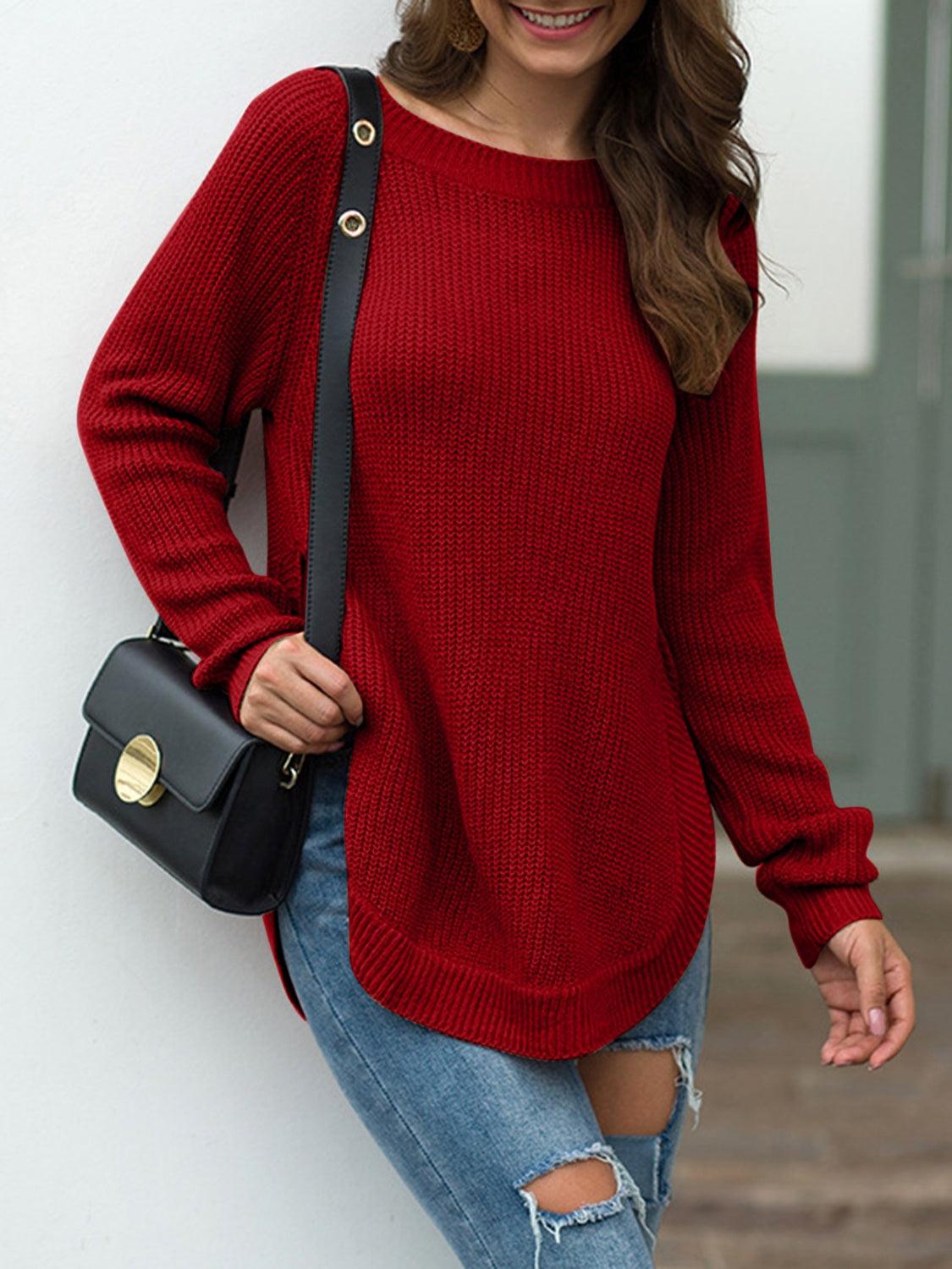 Slit Round Neck Long Sleeve Sweater