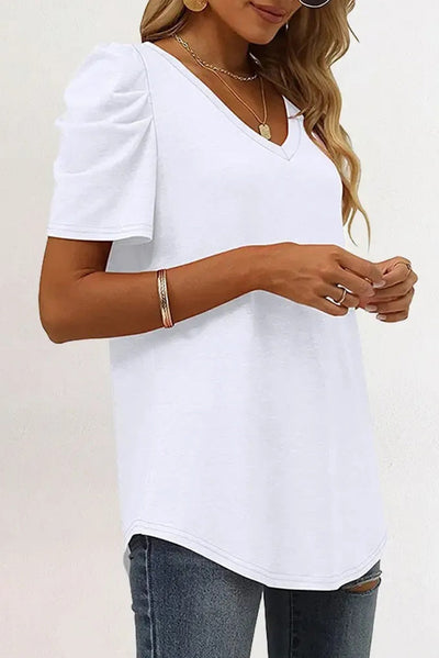 White Puff Sleeve V-Neck T-Shirt