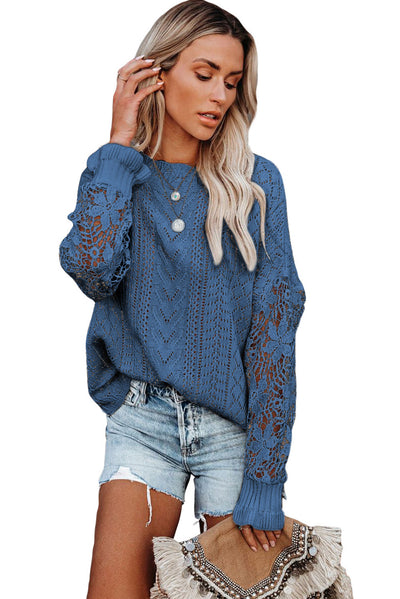 Blue Crochet Lace Pointelle Knit Sweater