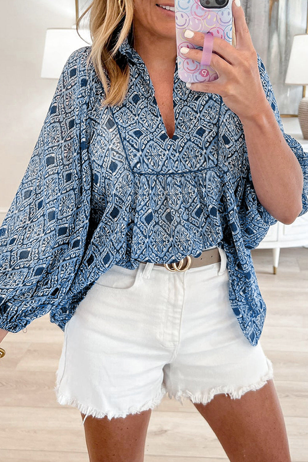 Sky Blue Western Geometric Print Frilled V Neck Loose Fit Blouse