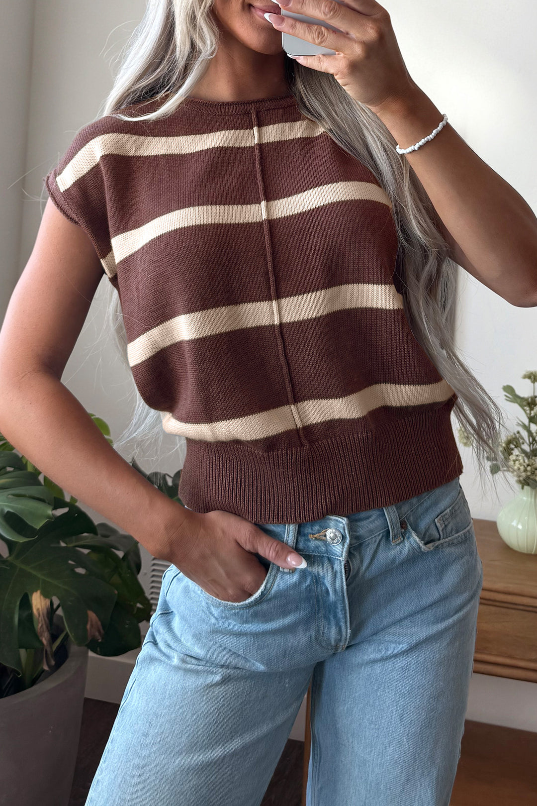 Rose Stripe Knit Western Short Sleeve Sweater