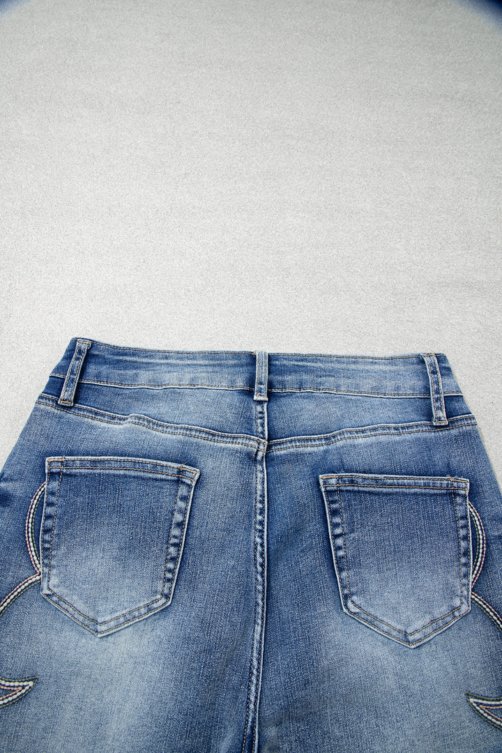 Blue Western Embroidered Flare Full Length Jeans