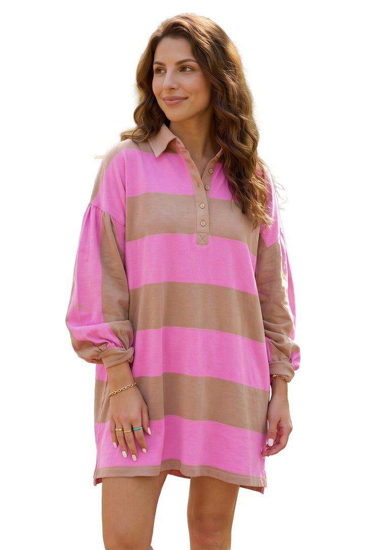 Rose Stripe Striped Button Long Sleeve Short Shift Dress