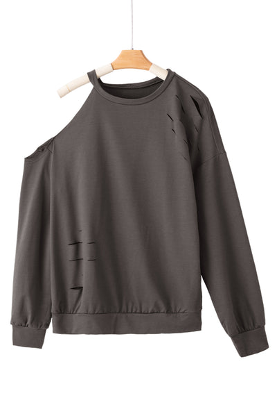 Medium Grey Distressed Asymmetric Cold Shoulder Pullover