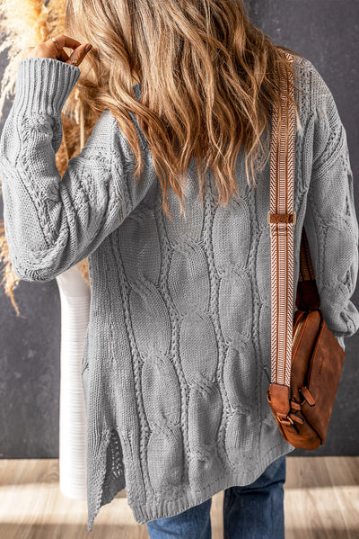 Khaki Ribbed Trim Eyelet Cable Knit Cardigan