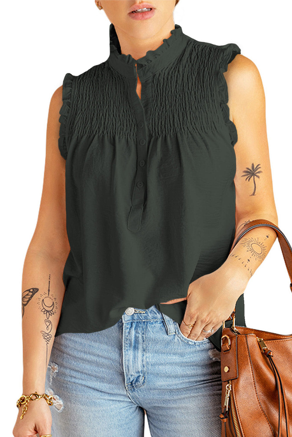 Green Frilled Tank Top with Buttons