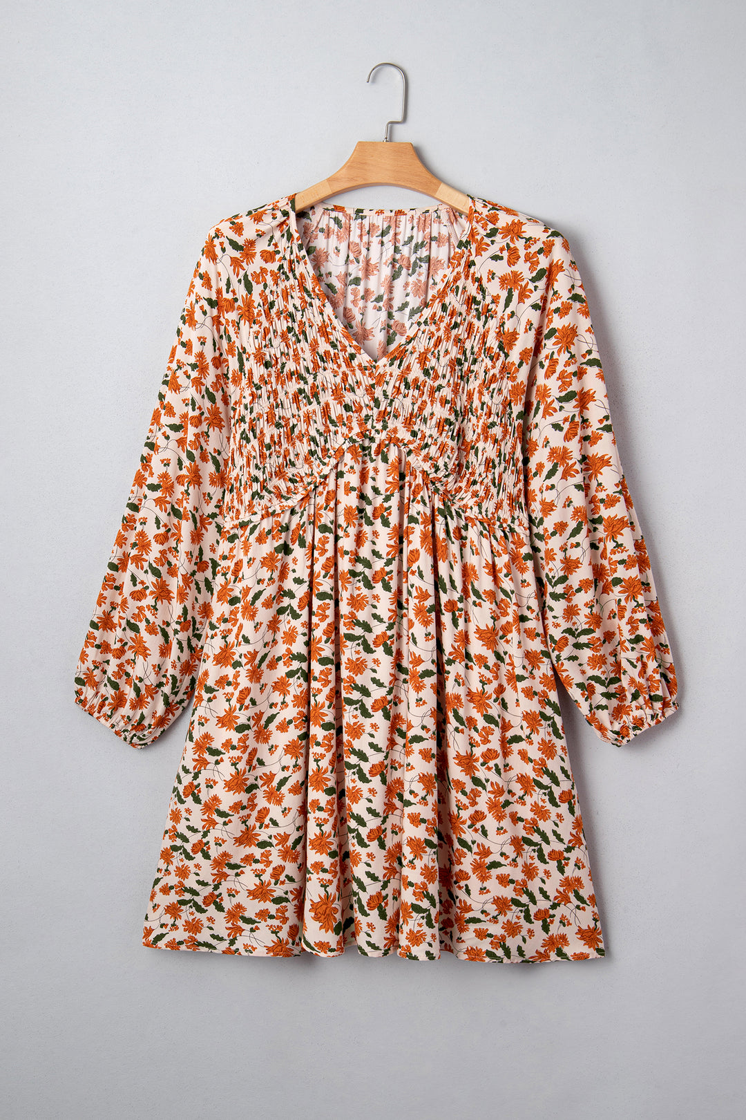 Beige Plus Size Floral Print V Neck Long Sleeve Babydoll Short Dress