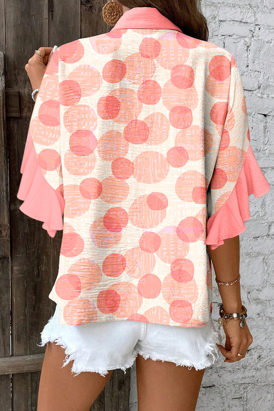 Pink Double Polka Dot Printed Ruffle Trim Short Sleeve Babydoll Shirt