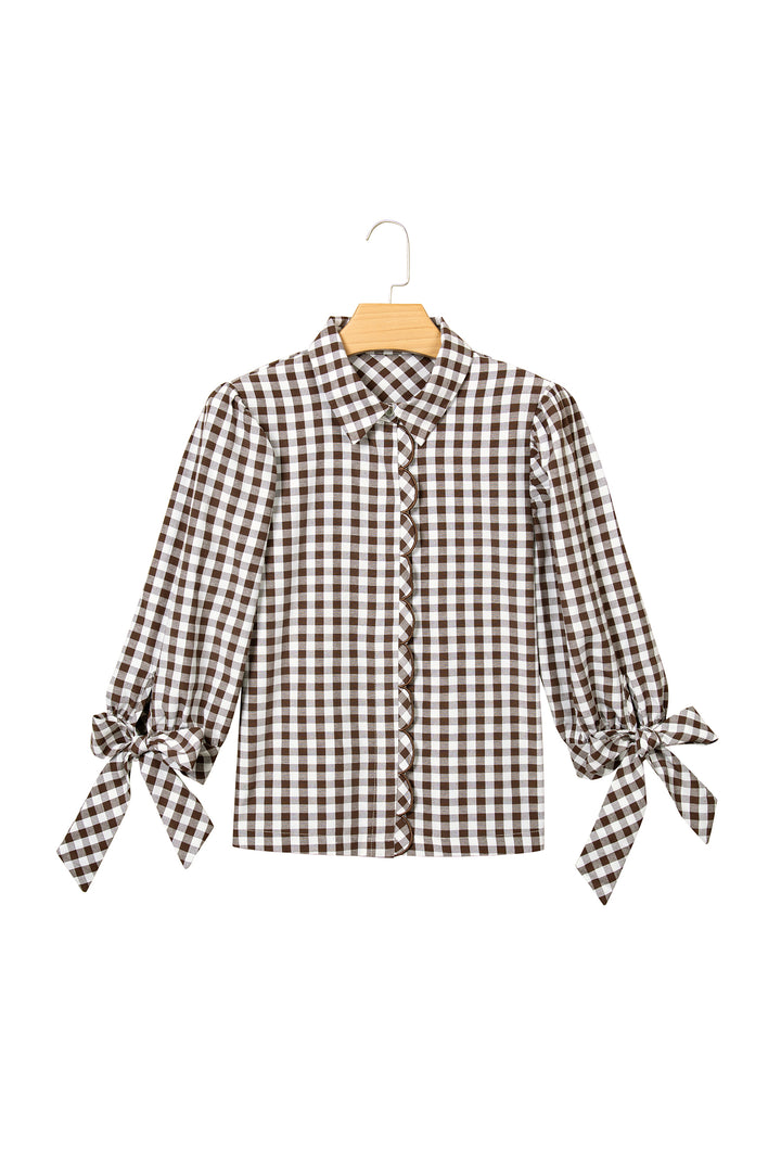 Brown Plaid Knot Half Sleeve Button Down Shirt