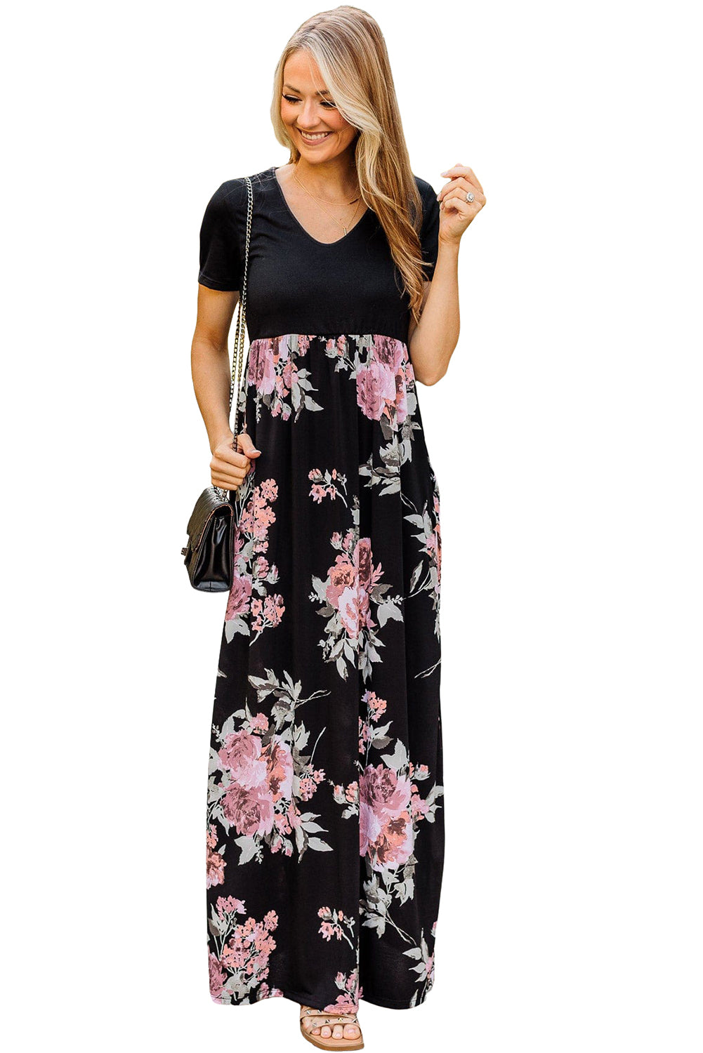 Black Contrast Floral Empire Waist Maxi Dress