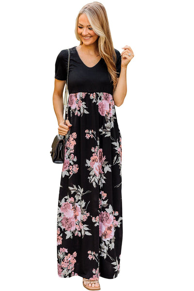 Black Contrast Floral Empire Waist Maxi Dress