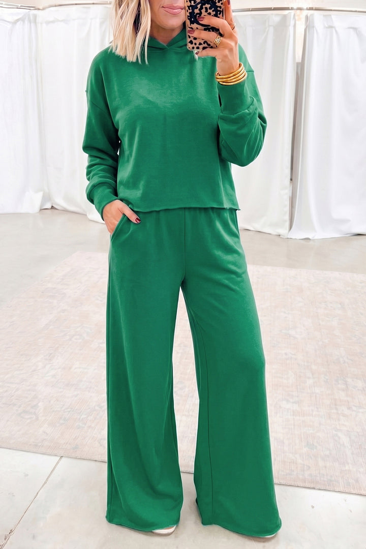 Bright Green Solid Color Hooded Long Sleeve Elastic Waist Pocket Pant Set