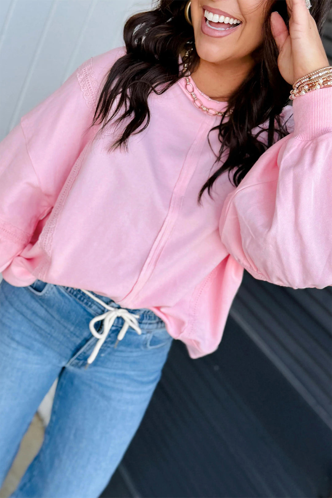 Parchment Solid Color Raw Seam Lace Detail Loose Casual Sweatshirt