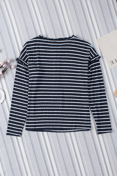 Black Striped Print Ruffled Buttoned Long Sleeve Top