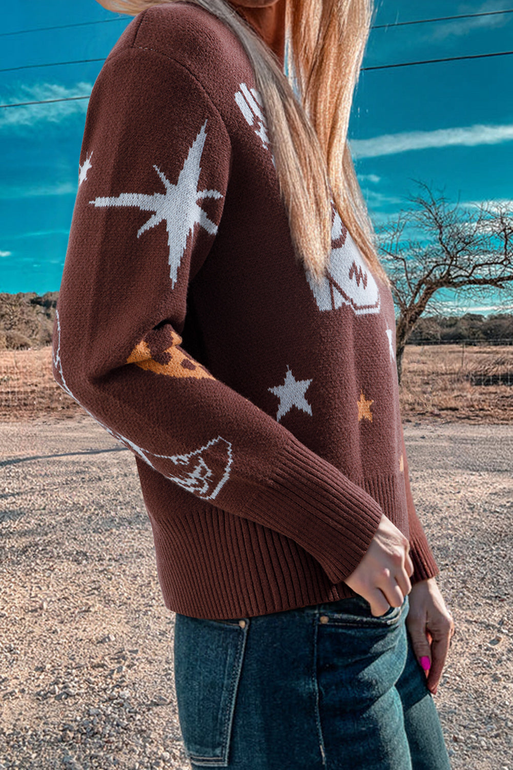 Brown Cowgirl Fashion Print Casual Sweater