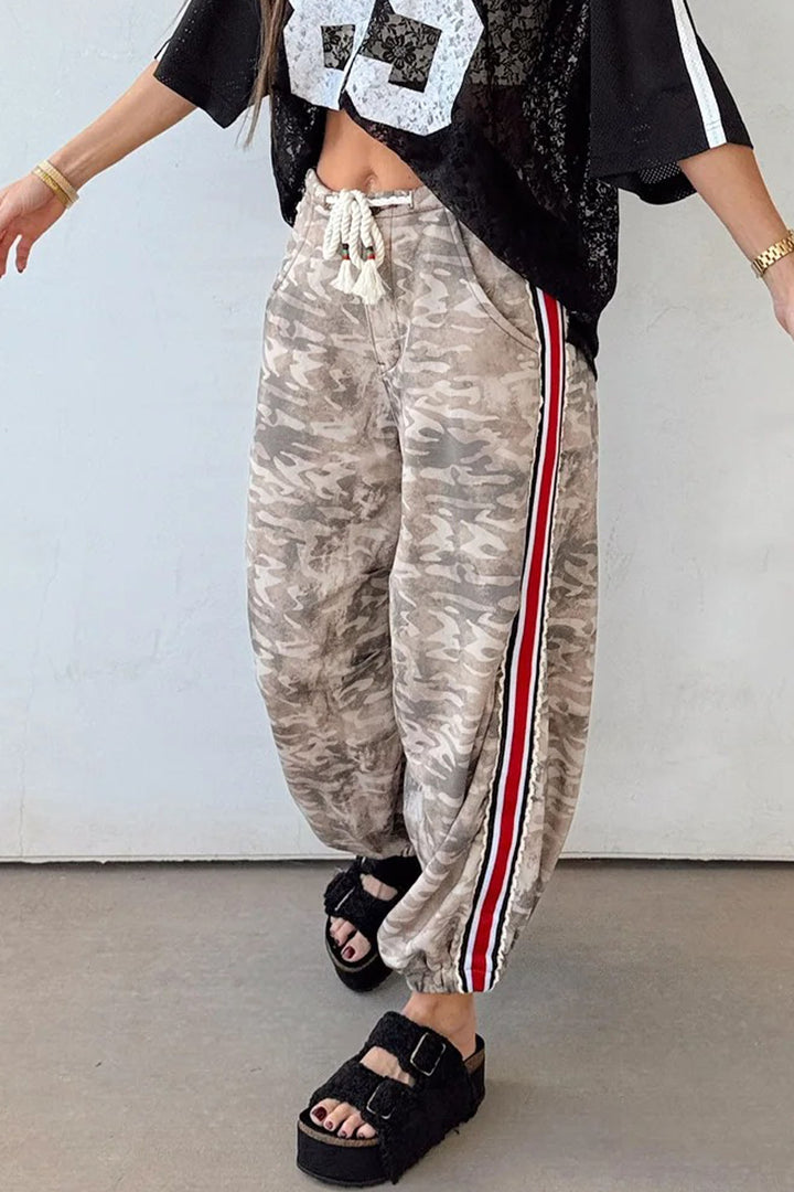 Khaki Camouflage Print Striped Side Panel Patchwork Drawstring Pants