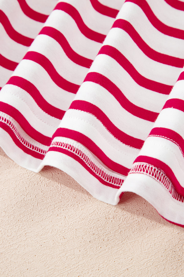 Red Stripe Scalloped Trim Round Neck T Shirt