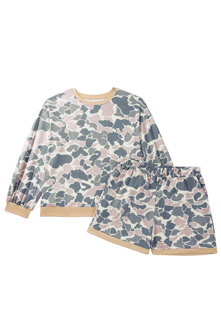 Multicolour Camouflage Print Round Neck Drop Shoulder Pullover Plus Size Shorts Set