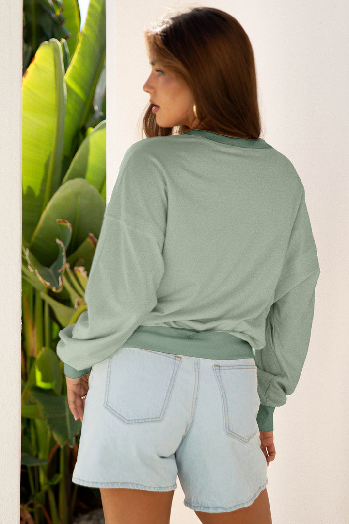 Coffee Raw Edge Flower Patch Drop Shoulder Casual Top