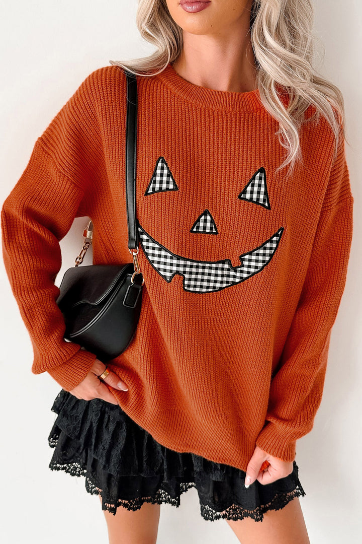 Orange Drop Shoulder Long Sleeve Round Neck Halloween Sweater