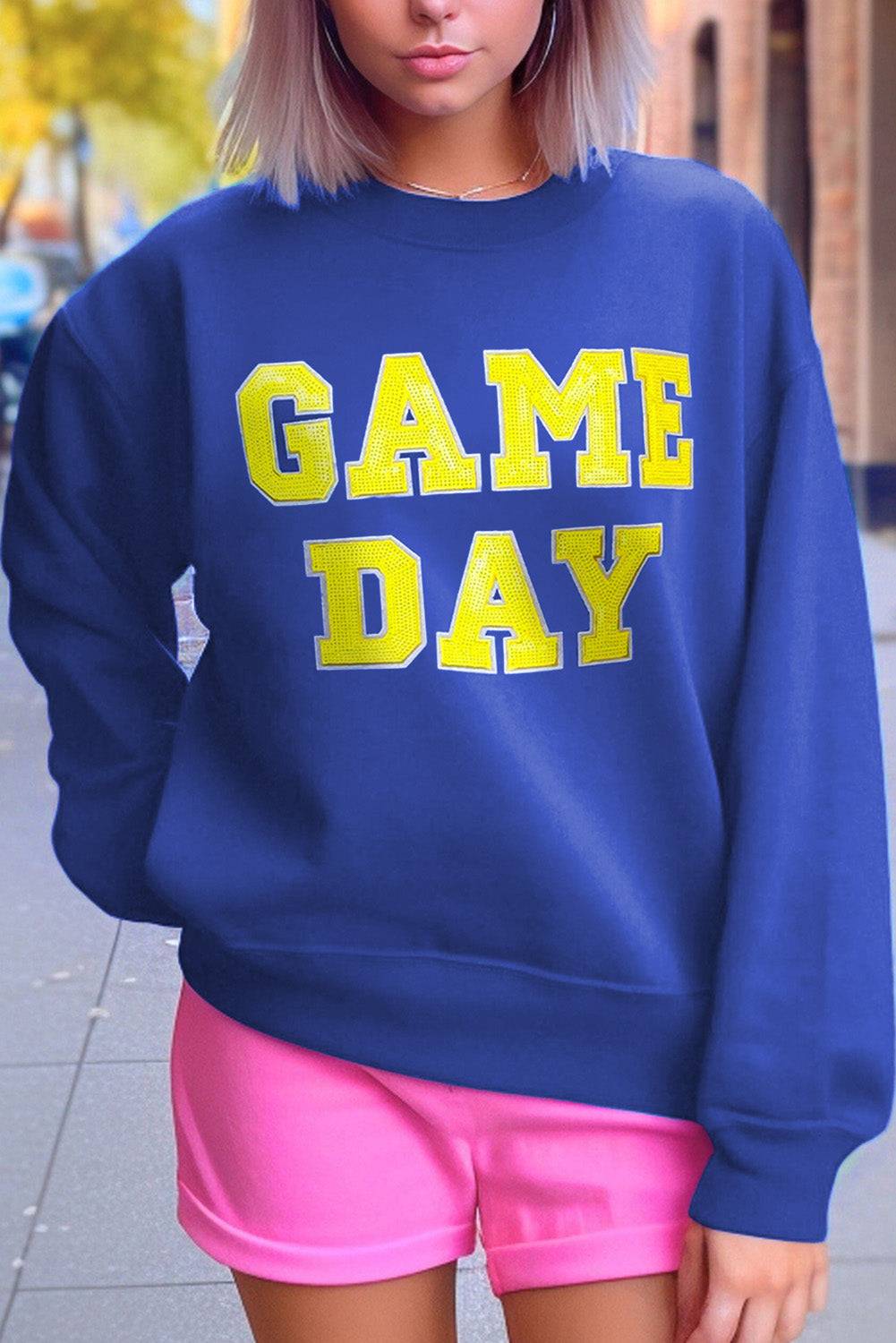 Dark Blue Game Day Crew Neck Graphic Pullover Sweatshirt