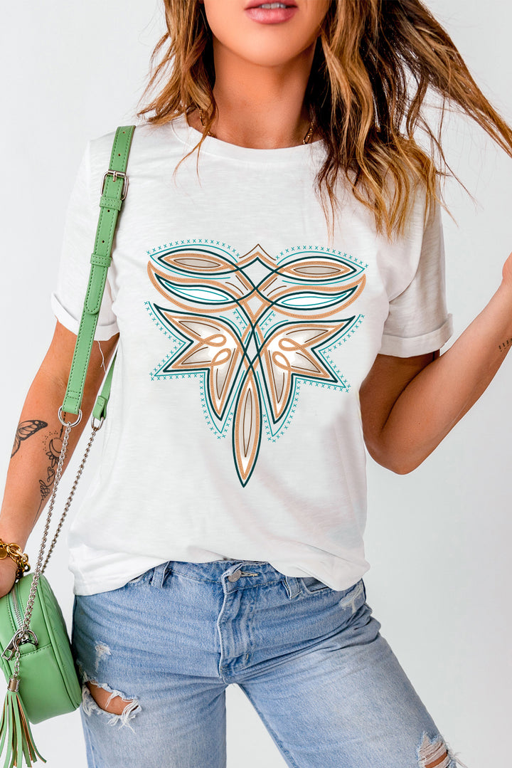 White Western Stitch Pattern Printed Cotton Blend Tee