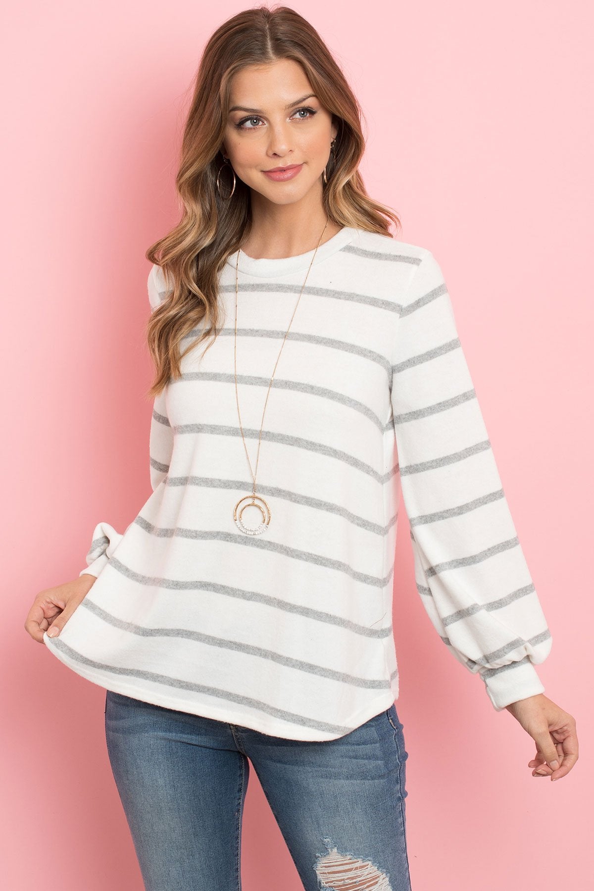 Striped Long Sleeved Round Neck Swing Top