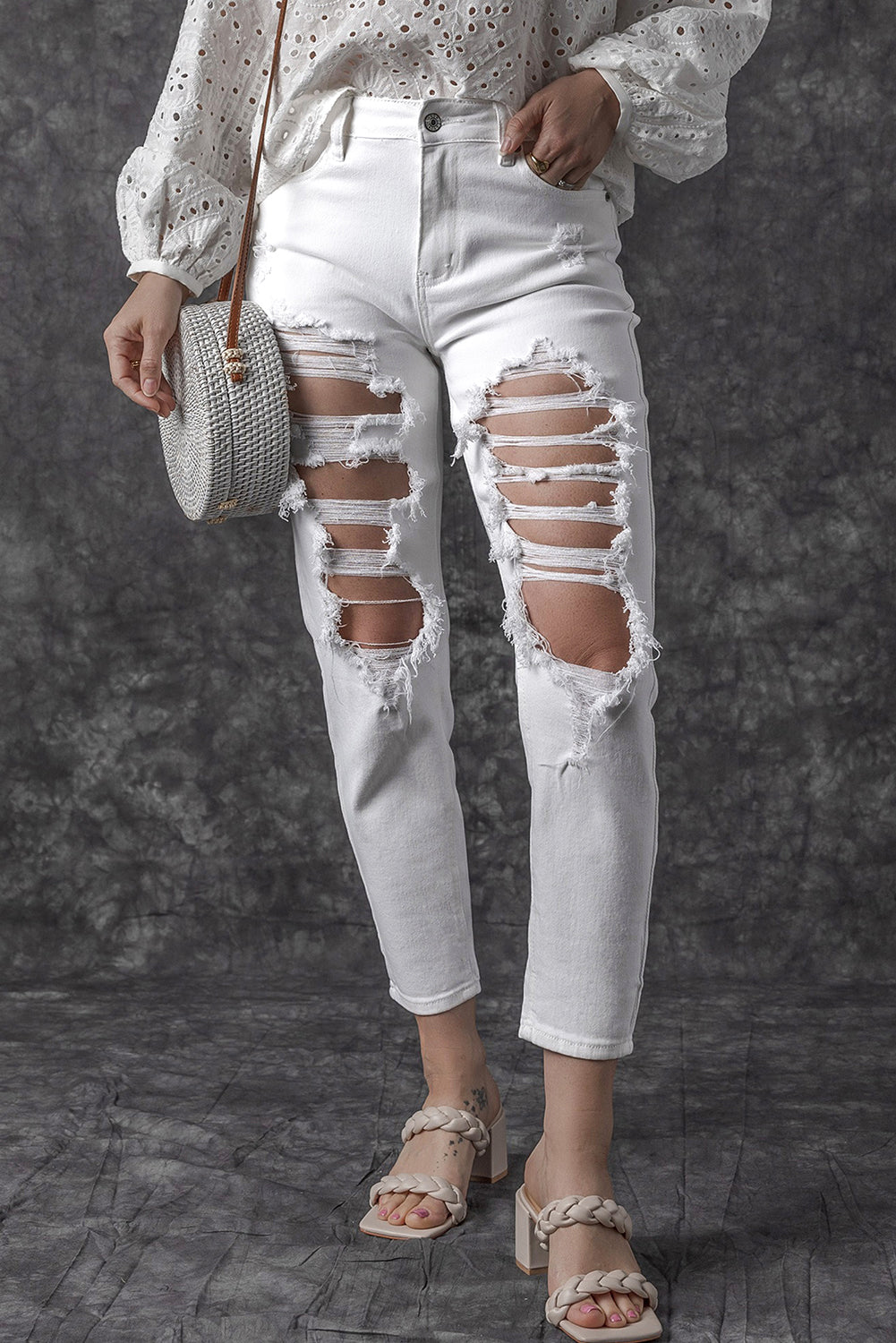 White Distressed Ripped Holes High Waist Skinny Jeans